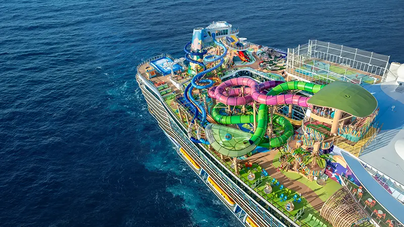Aerial shot of Royal Caribbean’s Icon of the Seas which features Category 6 Water Park, FlowRider surf simulator and more.